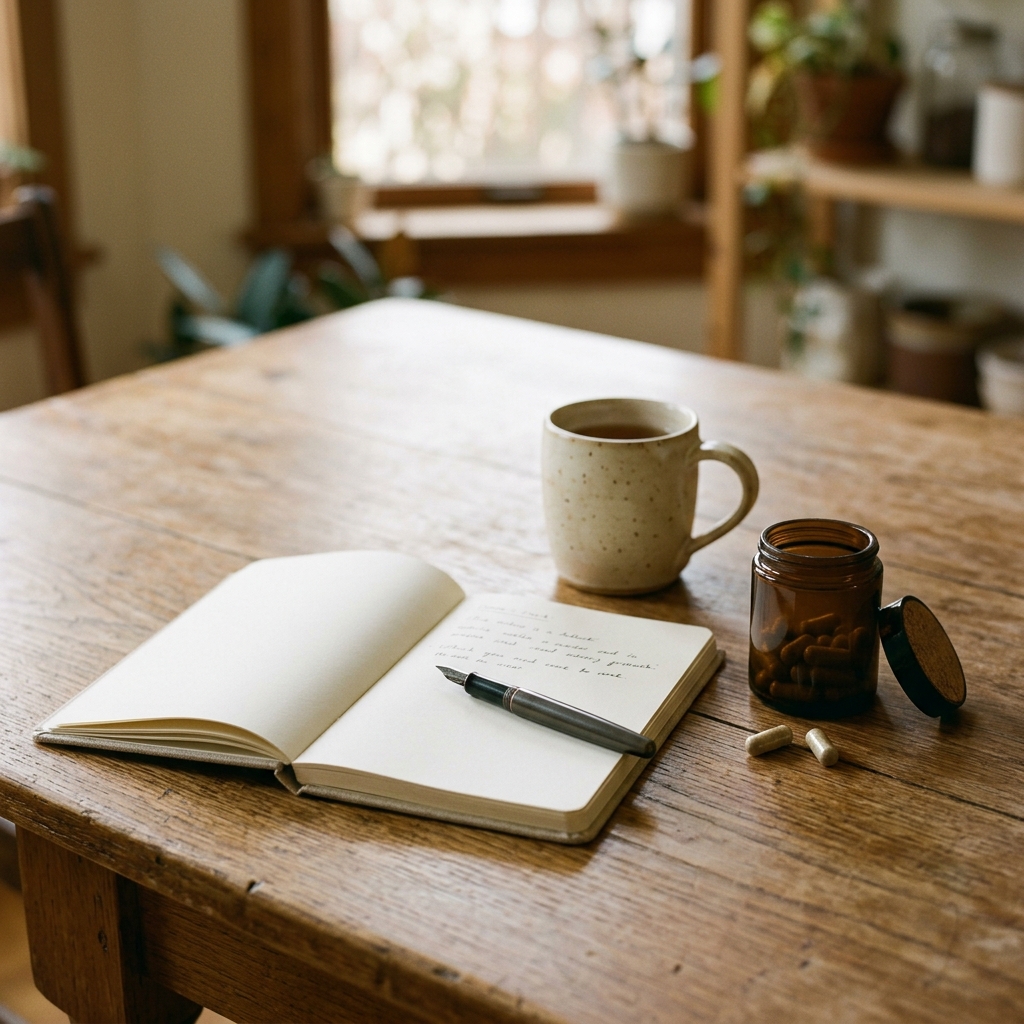 A hand holding a plain unlabeled supplement capsule and jar beside an open notebook in soft daylight.