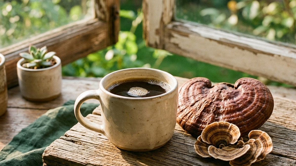 A scoop of mushroom powder beside a mug on a kitchen counter in morning light.