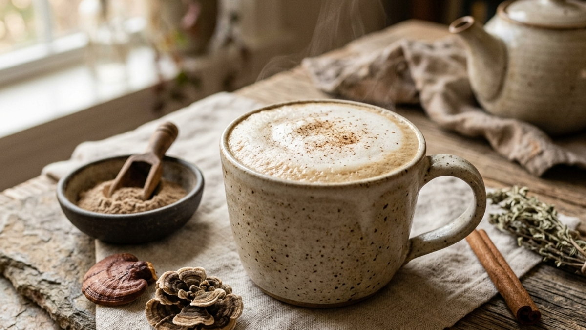A warm caffeine-free mushroom cup beside whole turkey tail, reishi, and chaga on a kitchen counter in soft morning light.