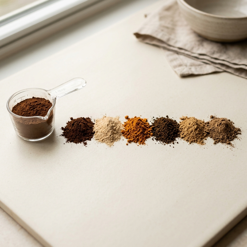 A clear measuring scoop of mushroom powder beside neat, separated piles of powders — every dose measured and shown.