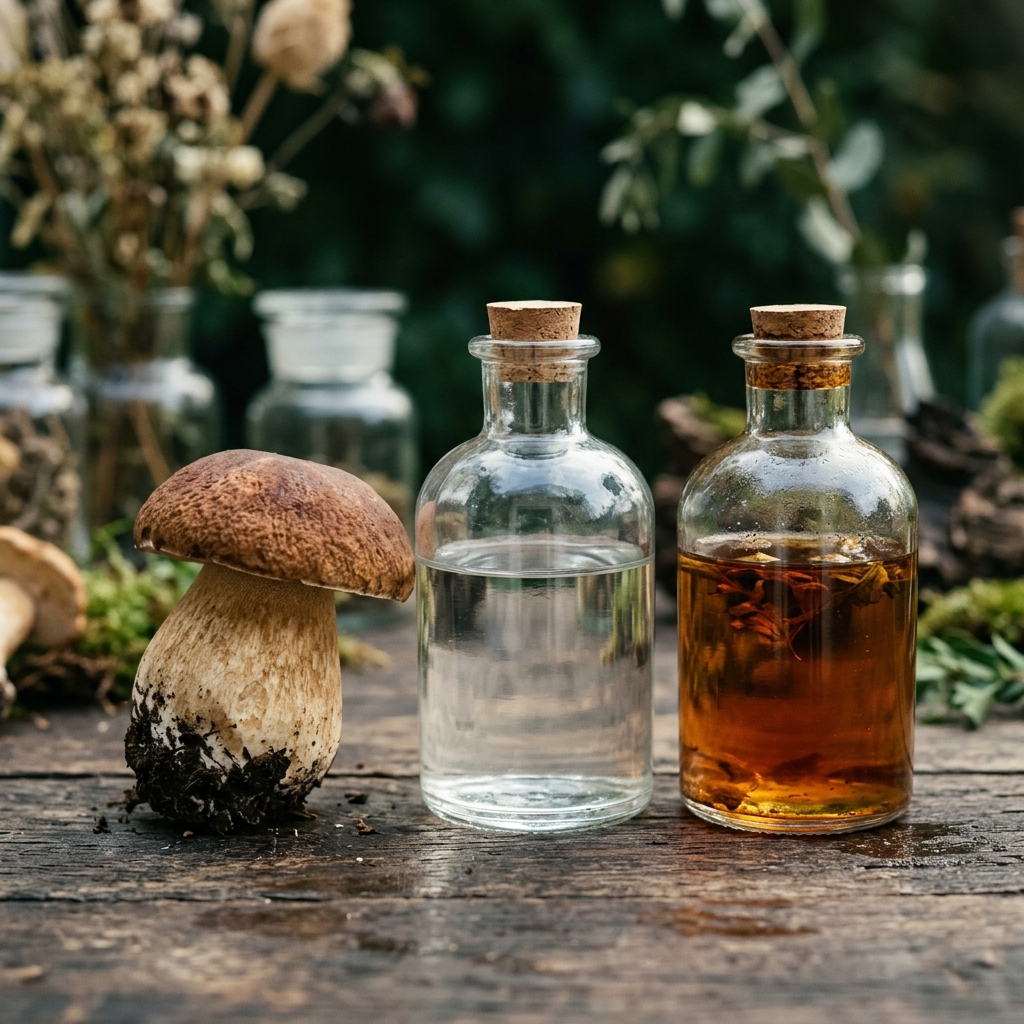 A mushroom beside two glass vessels — one of clear water, one of amber alcohol tincture — showing hot-water and alcohol extraction.