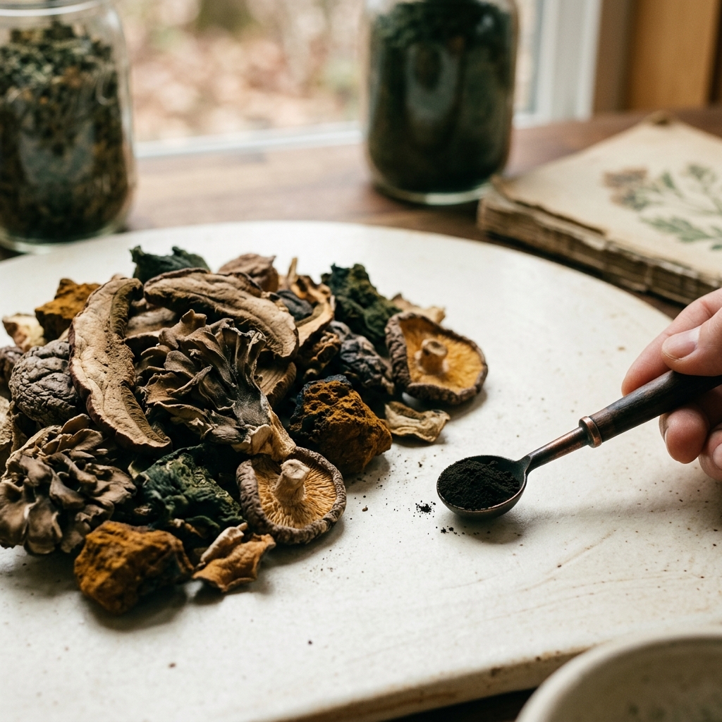 A large pile of raw dried mushroom beside a tiny concentrated spoonful of dark extract powder, showing the extract ratio.