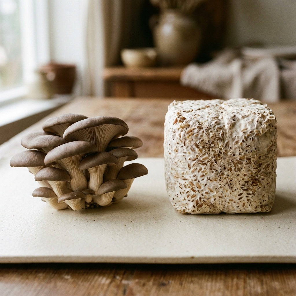 A side-by-side still life: a whole fruiting-body mushroom beside a block of grain-and-mycelium substrate.