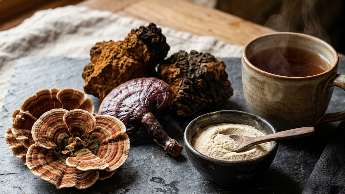 Whole turkey tail, reishi, and chaga mushrooms beside a bowl of prebiotic fiber and a warm cup on a stone surface.