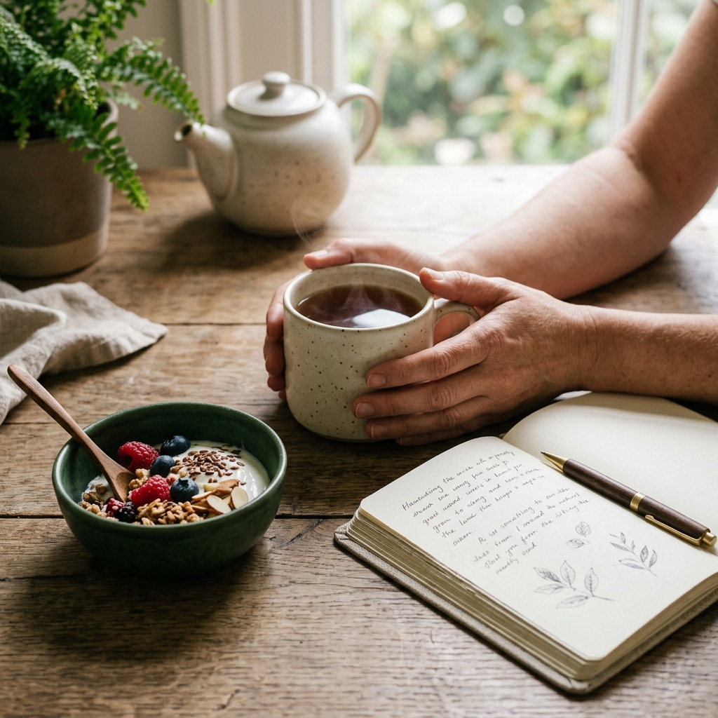 A warm mug between a small bowl of gut-friendly food and an open notebook in soft daylight — the gut-brain connection.