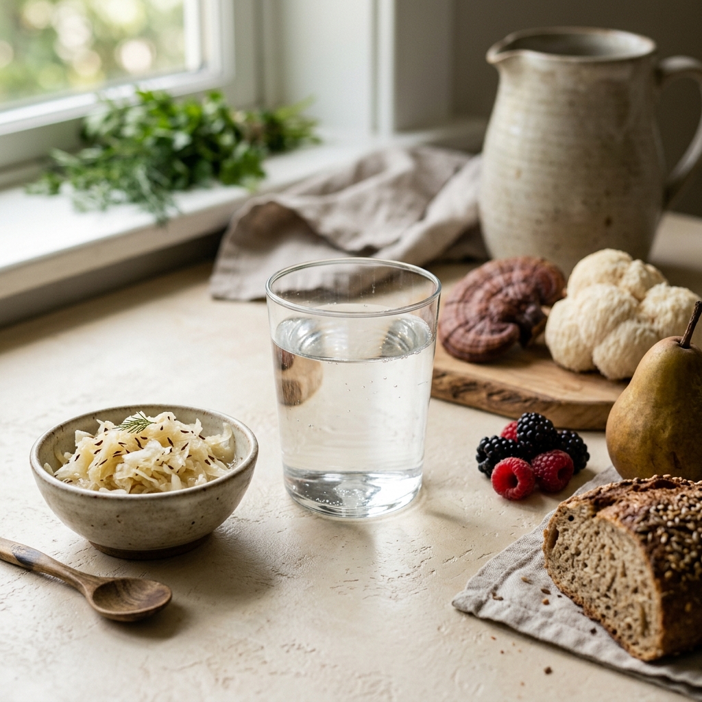 A gut-friendly spread on a sunlit counter: a bowl of sauerkraut, a glass of water, reishi and lion's mane mushrooms, fresh berries, a pear, and seeded whole-grain bread.