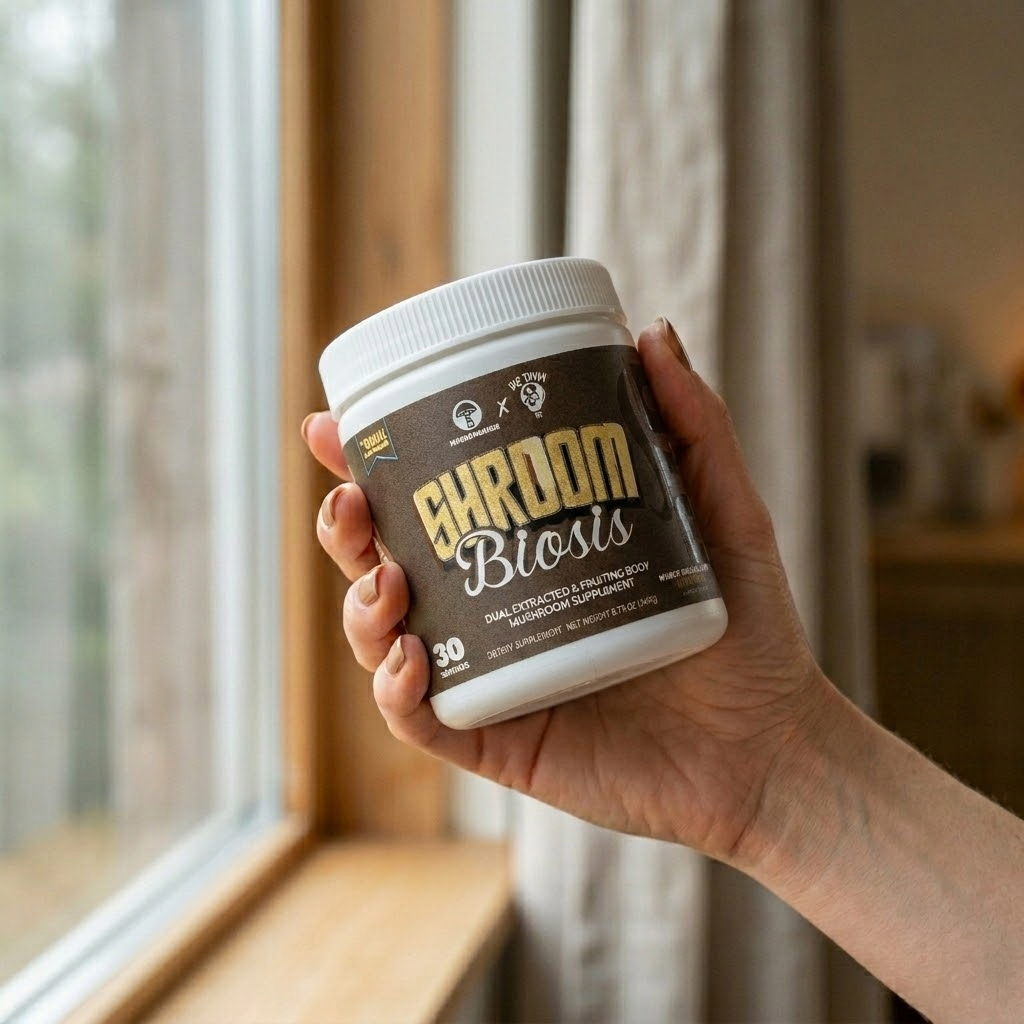A hand holding a tub of the Shroombiosis 7-mushroom blend up to the window light to read the label.
