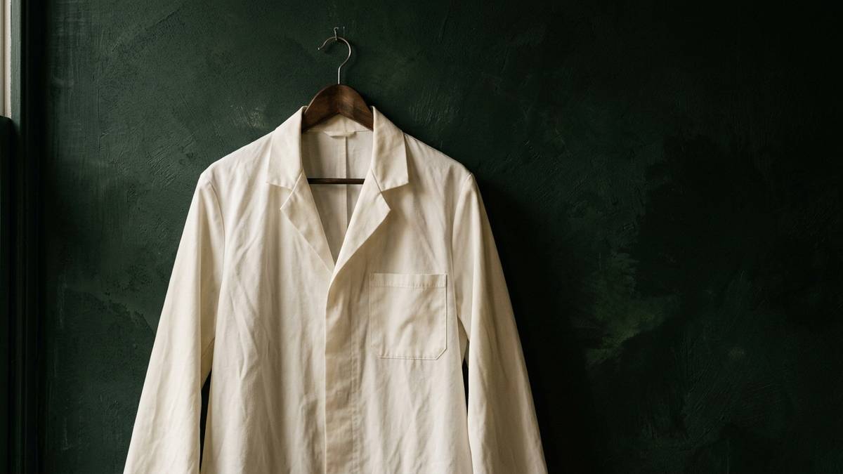 An empty white lab coat on a wooden hanger against a dark green wall.