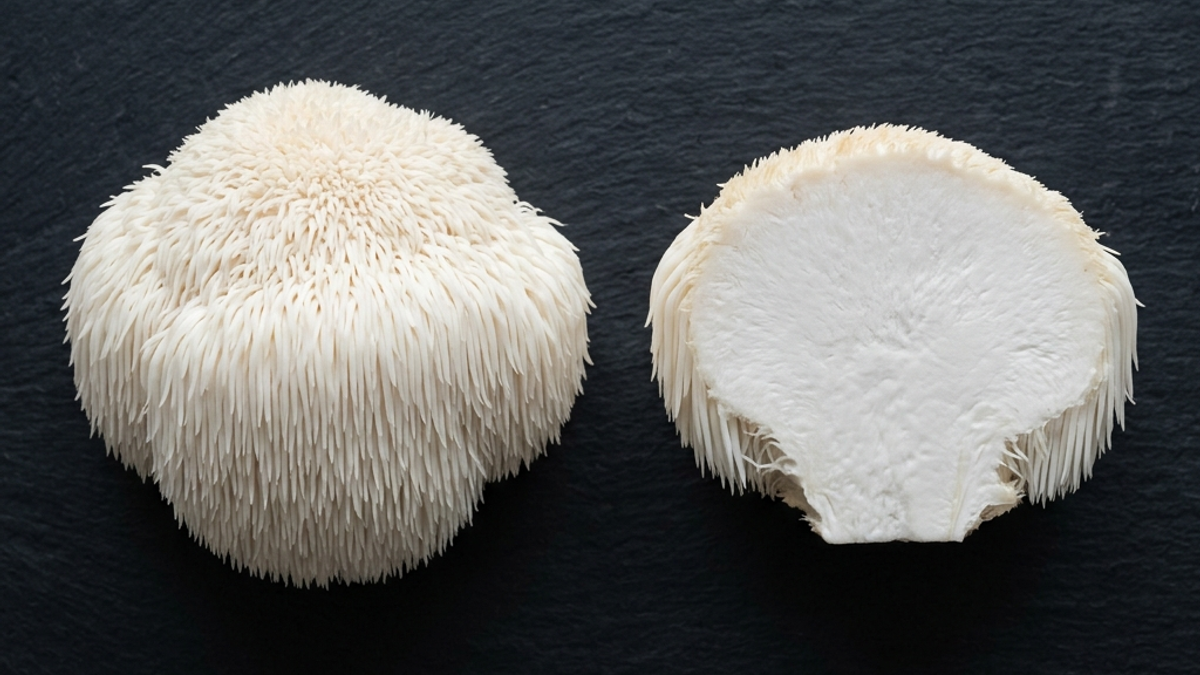 A whole white lion's mane mushroom with cascading spines cut open beside a wooden scoop of pale powder on a warm bone-cream surface.