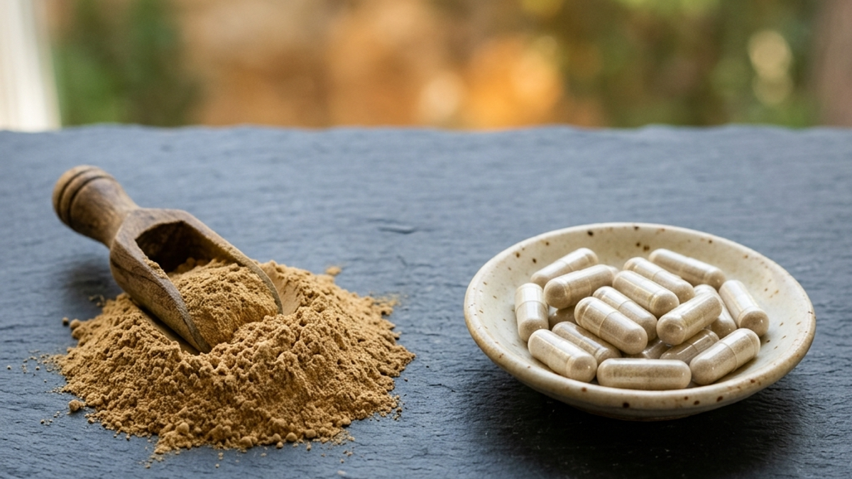 Mushroom powder in a scoop beside capsules and gummies on a pale surface, compared side by side.