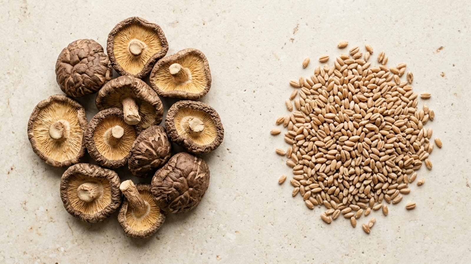 A top-down comparison on pale stone: whole dried mushroom fruiting bodies beside a small pile of plain grain — what to look for in a supplement.