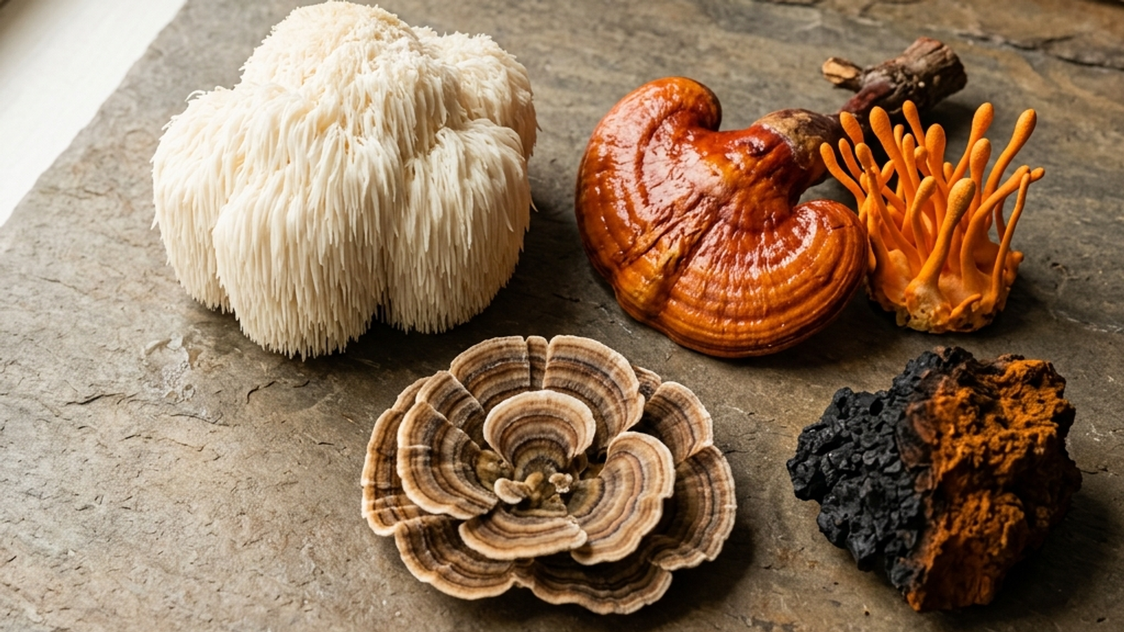 An overhead arrangement of seven distinct whole dried functional mushroom caps fanned across a warm slate surface in soft daylight.