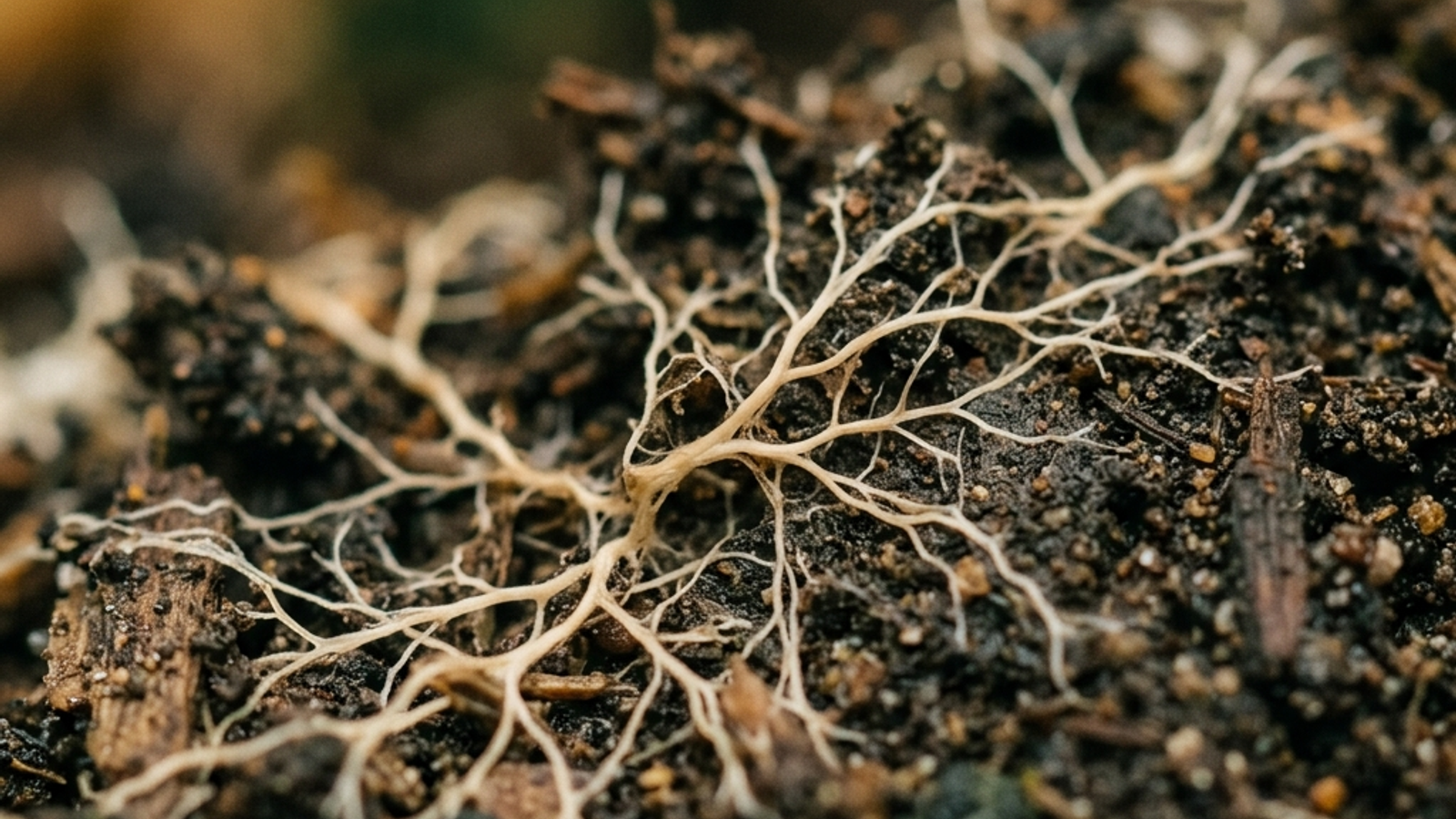 A macro photograph of fine pale mycelial threads branching through dark, cream-flecked soil.