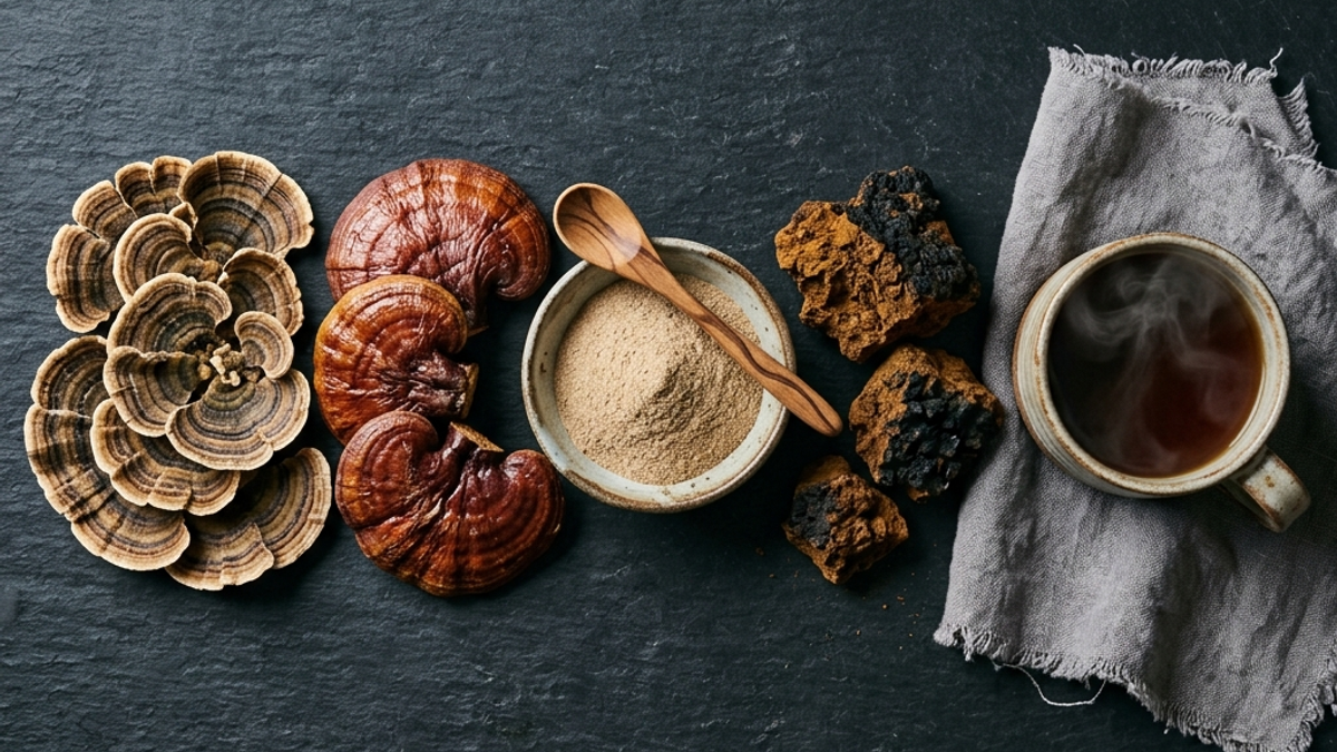 An overhead arrangement of whole turkey tail, reishi, and chaga mushrooms beside a bowl of prebiotic fiber and a warm caffeine-free cup on a soft-lit slate surface.