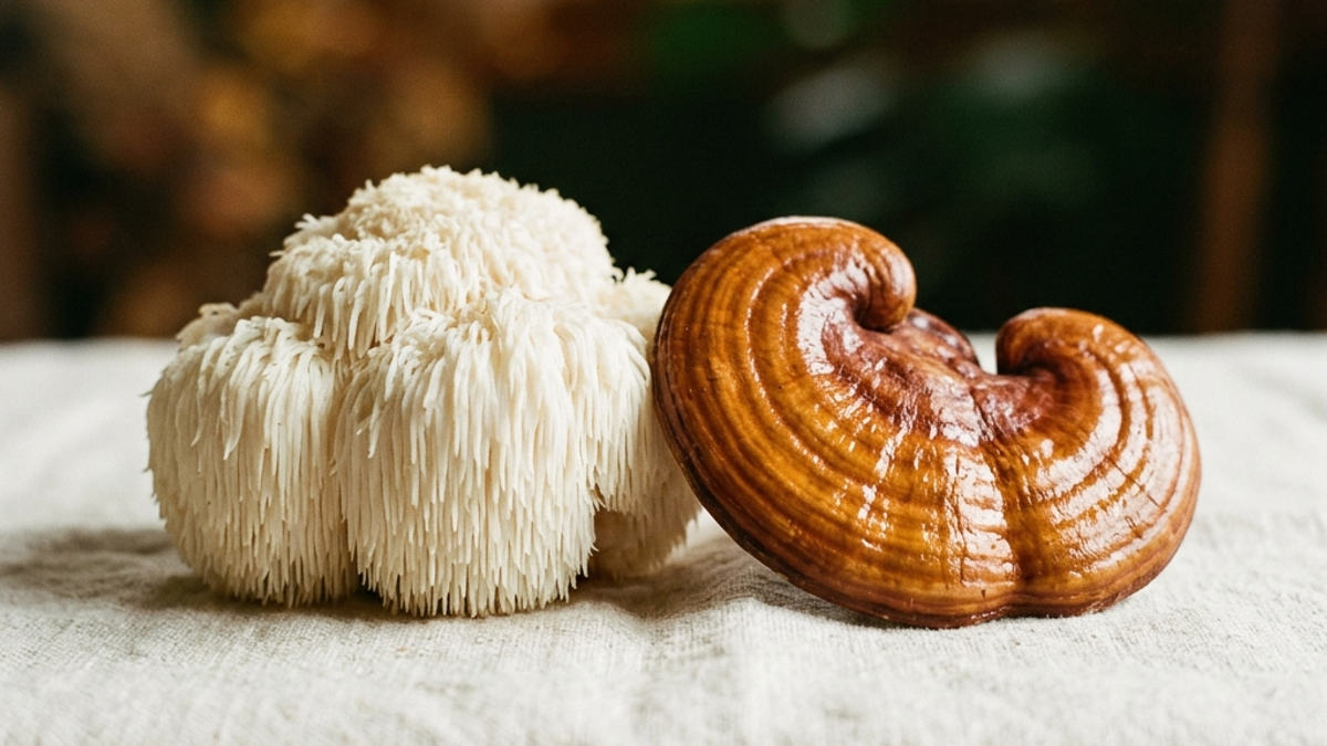 A reishi conk and a shaggy white lion's mane mushroom side by side on a pale surface.