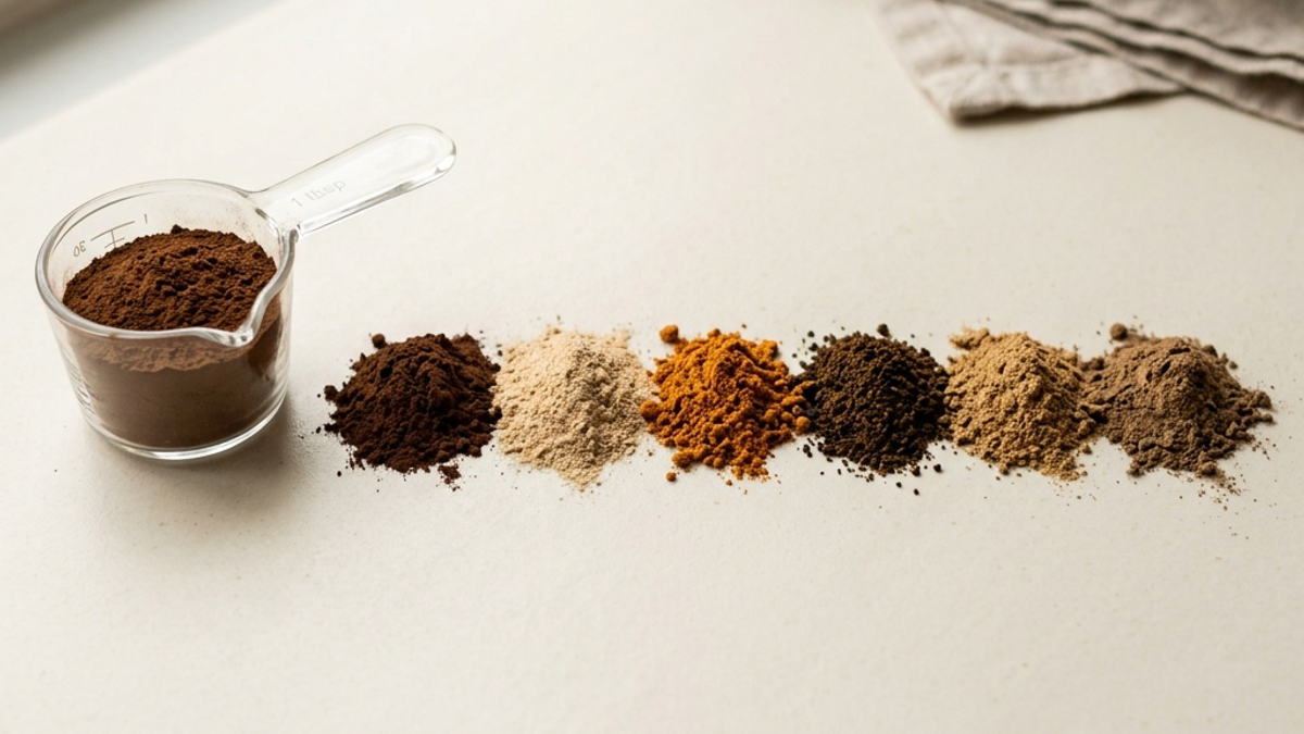 A row of measured mushroom and spice powders beside a glass scoop on a bone-cream surface in soft window light.