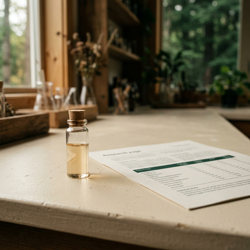 A glass sample vial beside a printed document on a bone-cream surface — independent third-party testing.