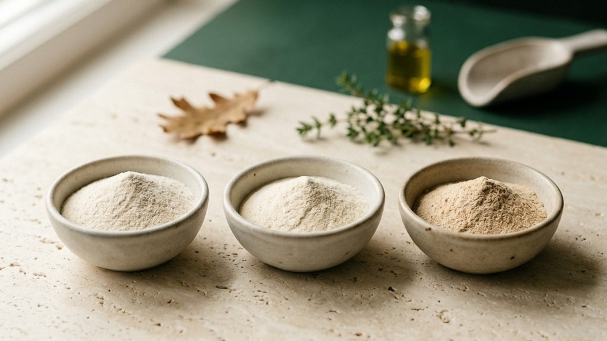 Three small ceramic bowls of pale powder on a travertine slab in soft window light, one for each class of biotic.