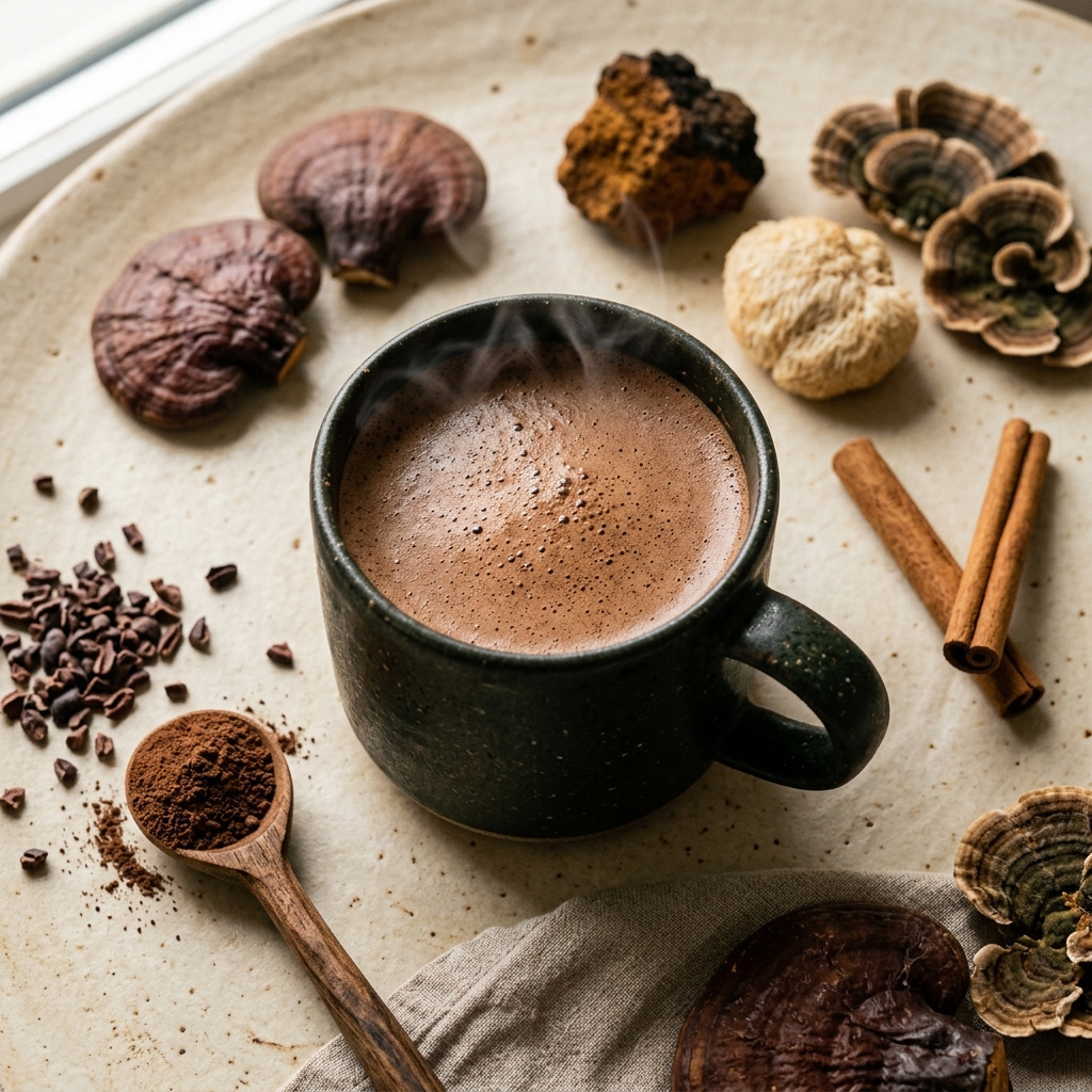 The Shroombiosis 7-mushroom blend prepared as a warm drink, with whole mushrooms, Ceylon cinnamon, and cacao