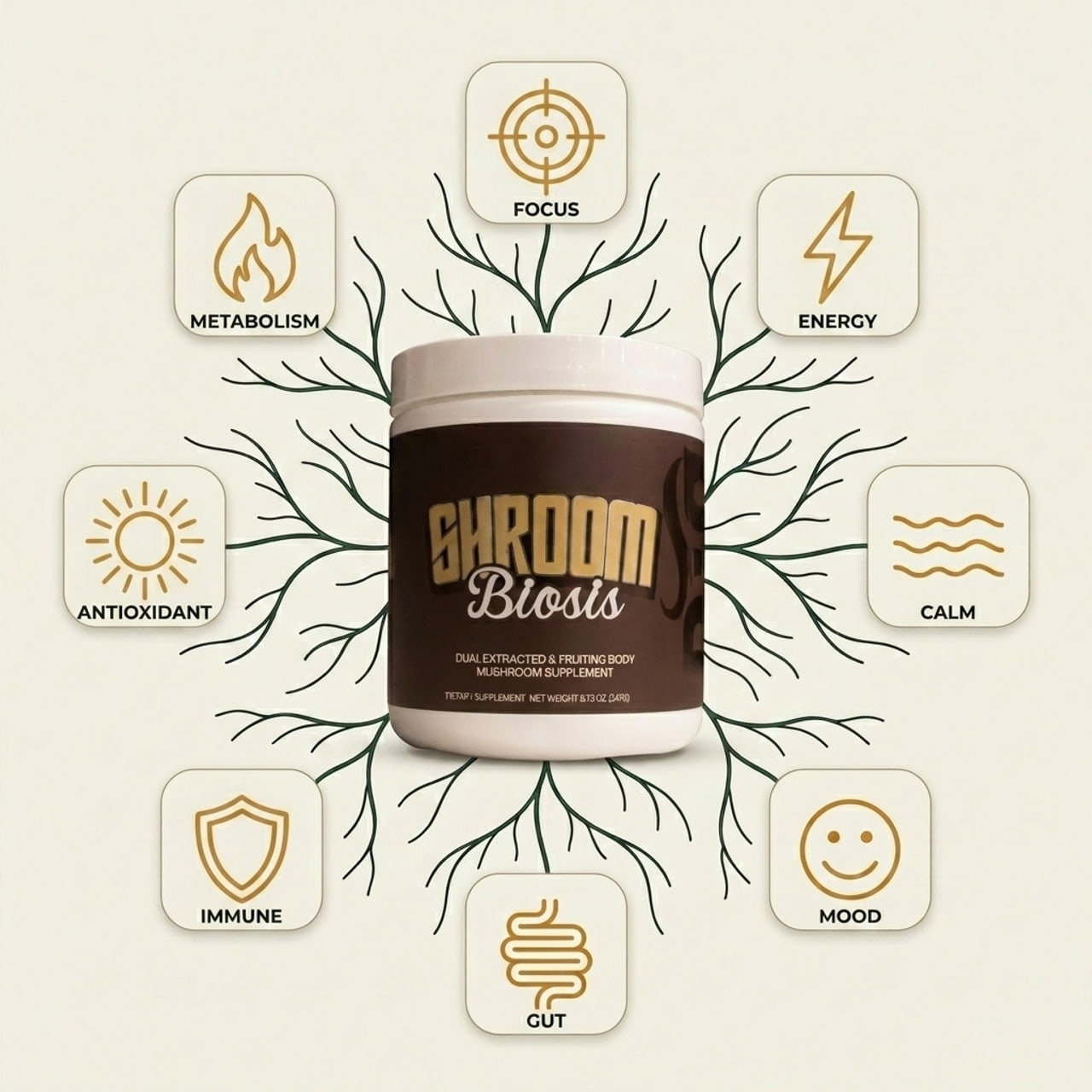 The Shroombiosis tub at the center of eight labeled benefit icons — focus, energy, calm, mood, gut, immune, antioxidant and metabolism — linked outward by fine mycelium threads.