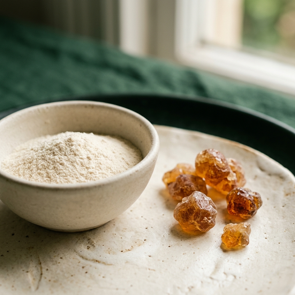 A small bowl of fine pale acacia fiber powder beside natural acacia gum pieces on a bone-cream surface.