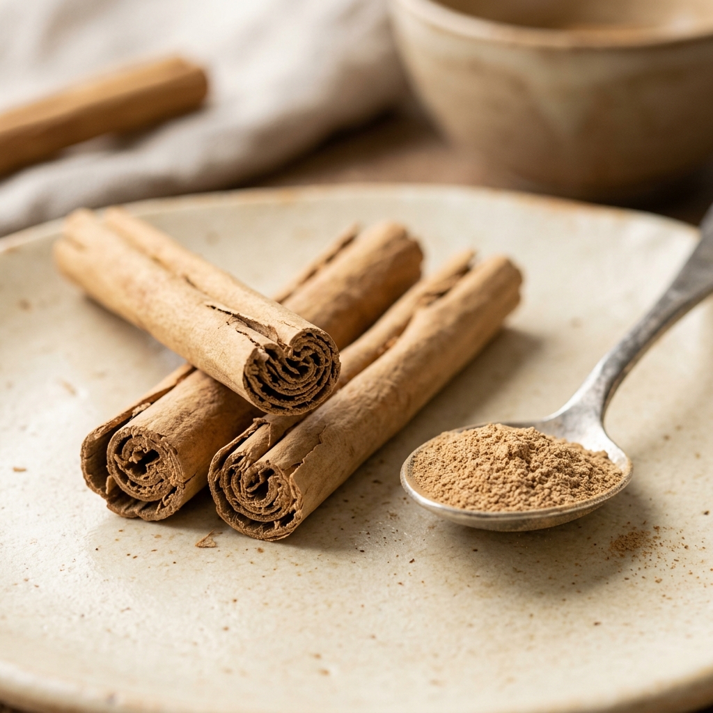 Rolled Ceylon cinnamon quills and a spoon of ground cinnamon on a ceramic plate