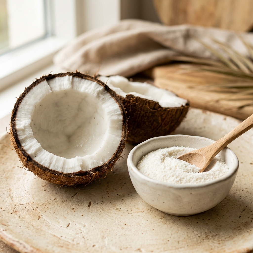 A cracked fresh coconut beside a bowl of coconut milk powder
