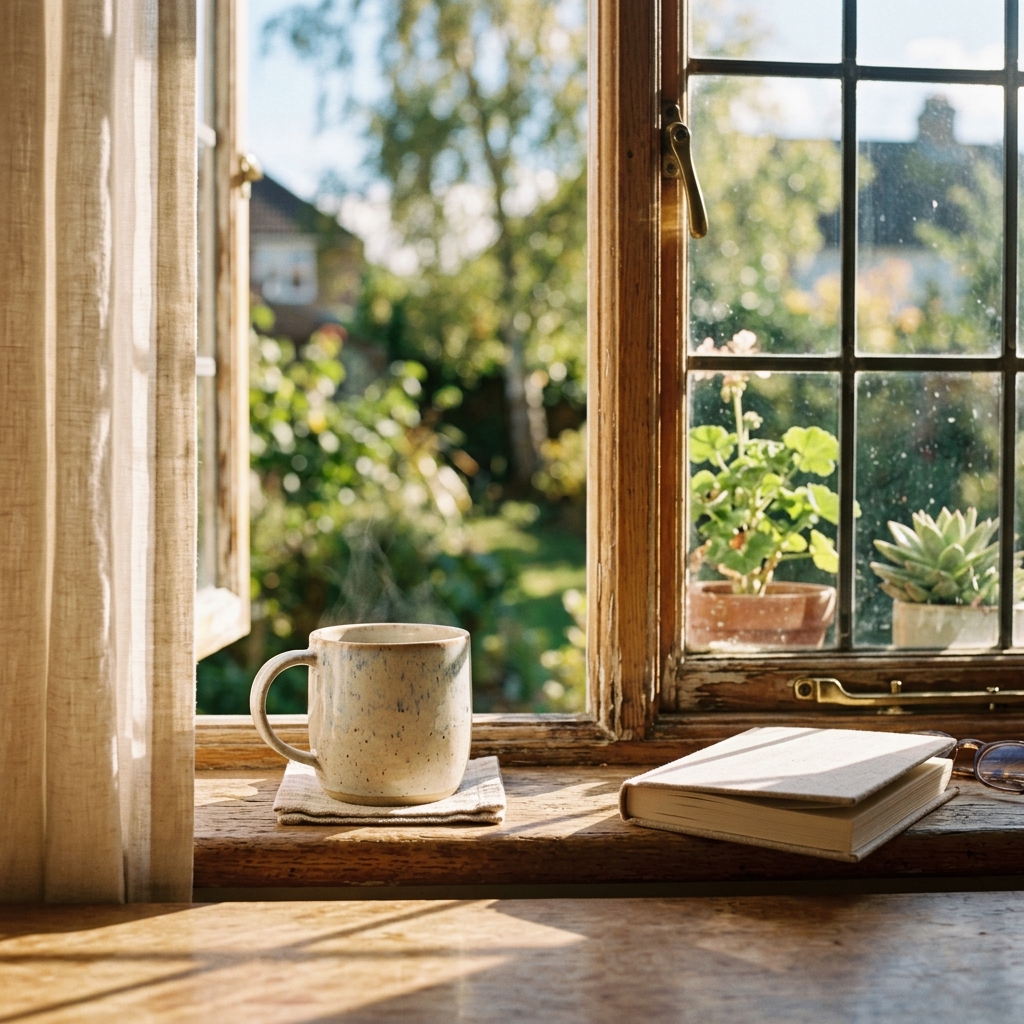 A warm mug by a window in soft afternoon light — a calm mid-day reset.