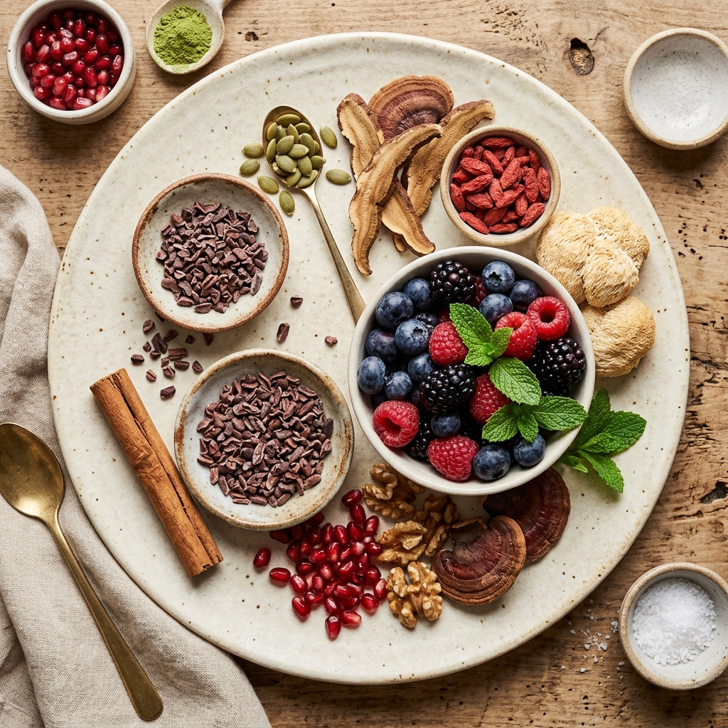 An earthy flat-lay of antioxidant-rich whole foods and functional mushrooms — berries, cacao nibs, and a cinnamon quill — on a bone-cream surface.