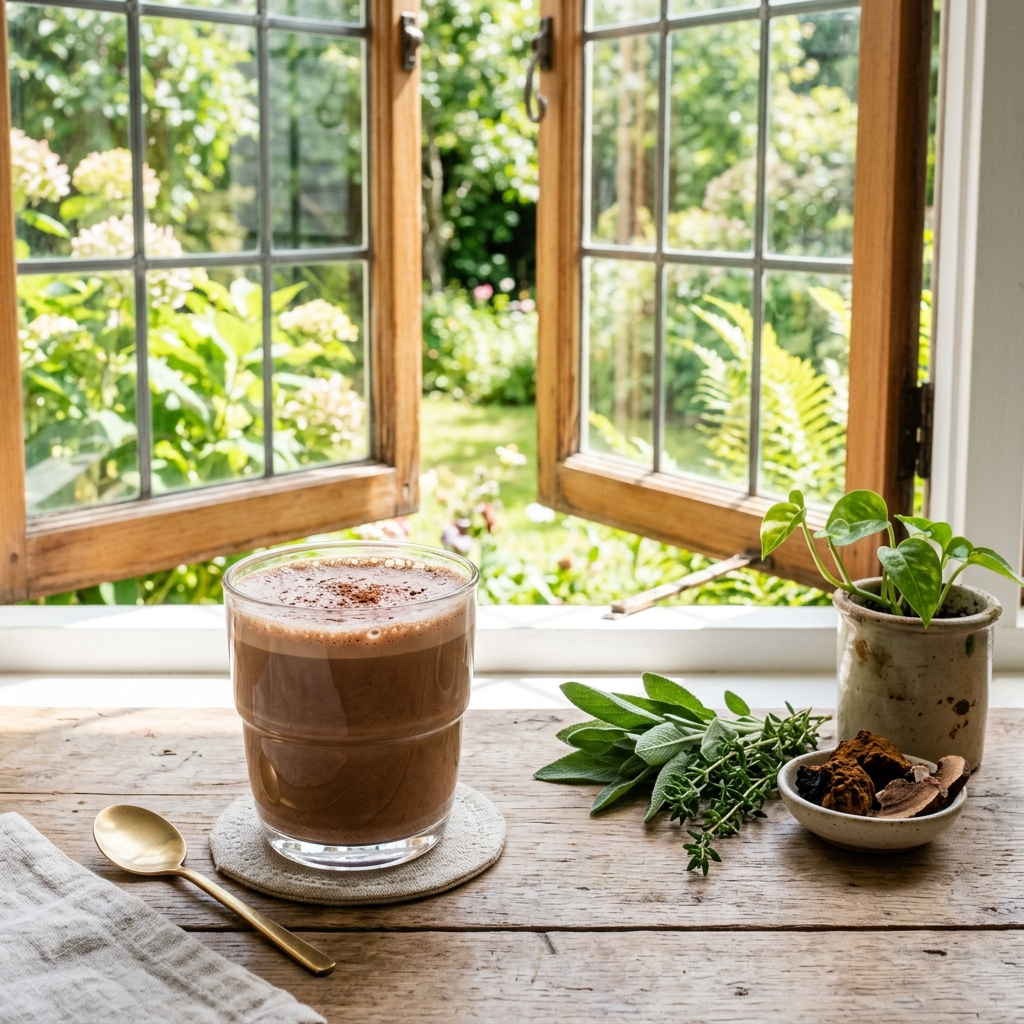 A clear glass of cocoa-colored mushroom drink on a sunlit table by a window — caffeine-free energy.