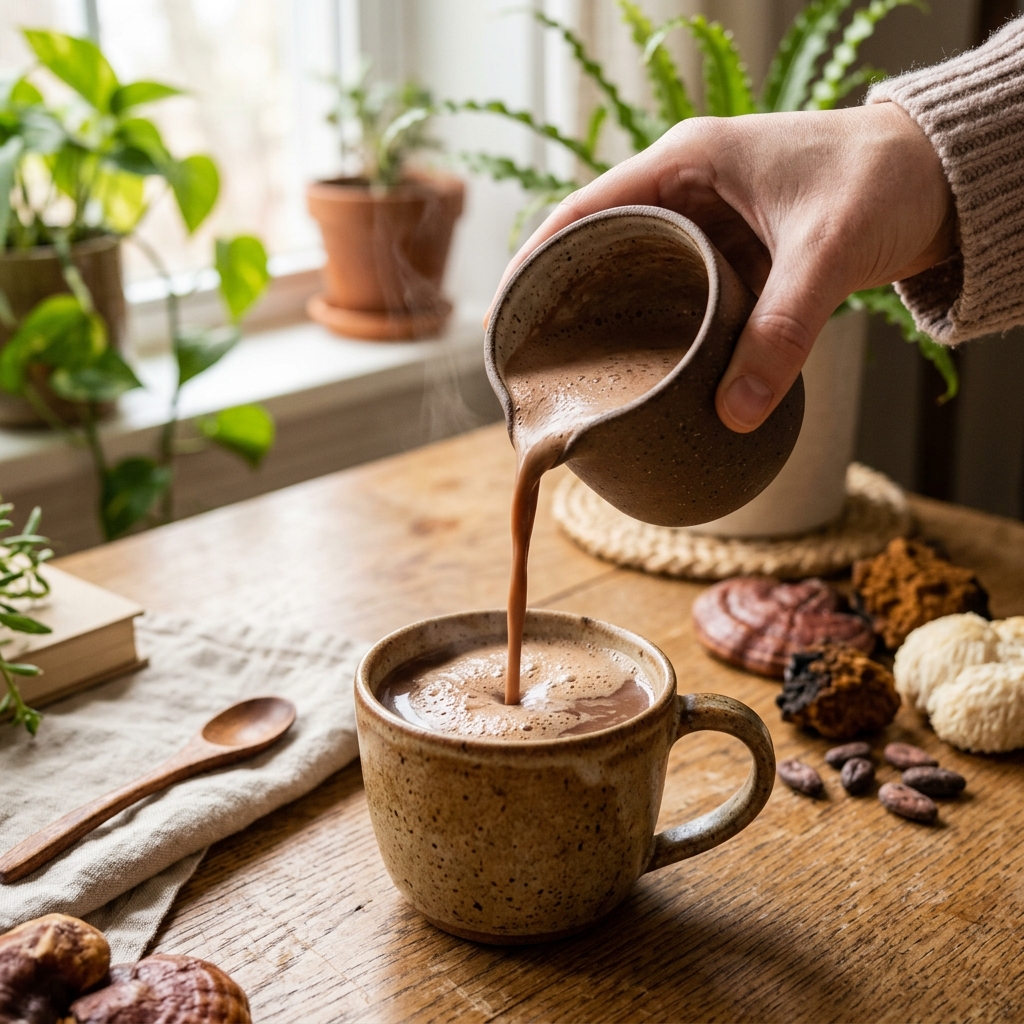 A cocoa-colored mushroom drink being poured into a ceramic mug in warm daylight.