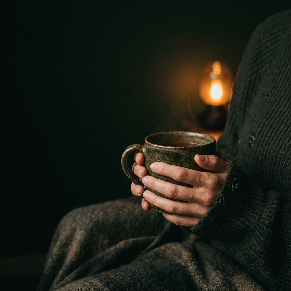 Hands cradling a warm mug in cozy low evening light — calm enough to drink any time of day.