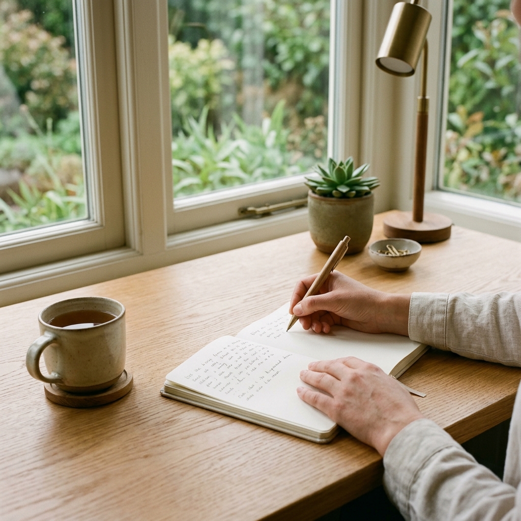 A person writing in a notebook at a sunlit desk beside a warm mug — focused, jitter-free study.