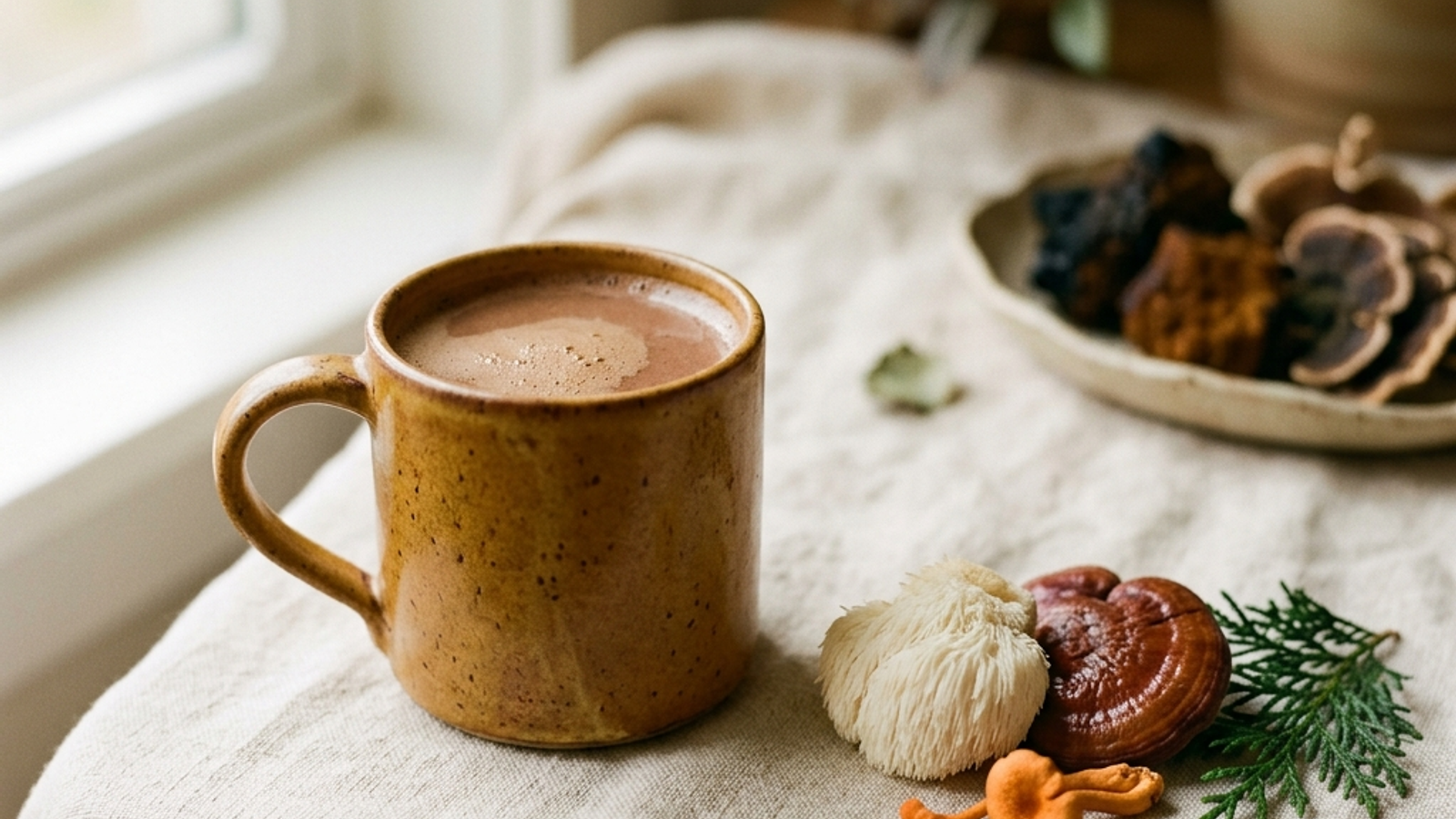 A warm mug of mushroom drink beside whole lion's mane, reishi, and cordyceps and a sprig of greenery on soft linen by a window.