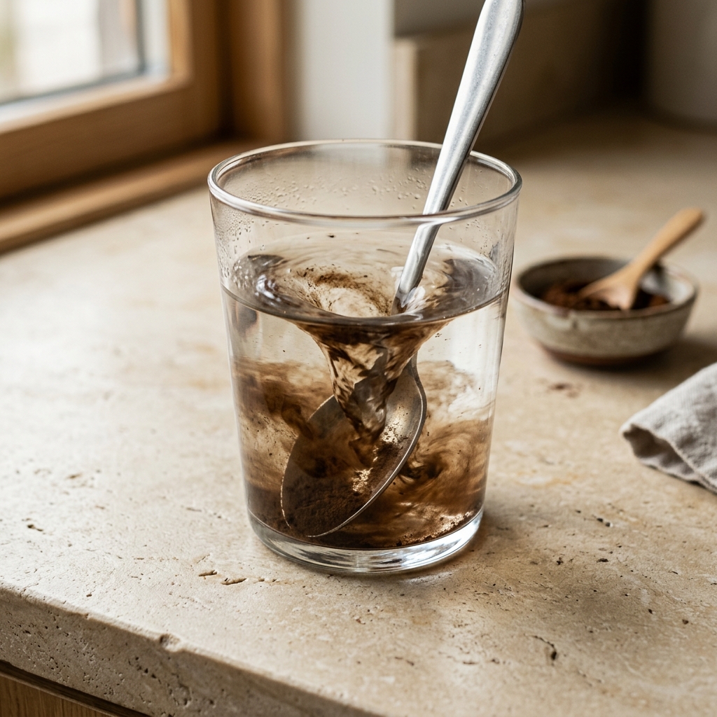 Caffeine-free mushroom powder dissolving into a clear glass of water