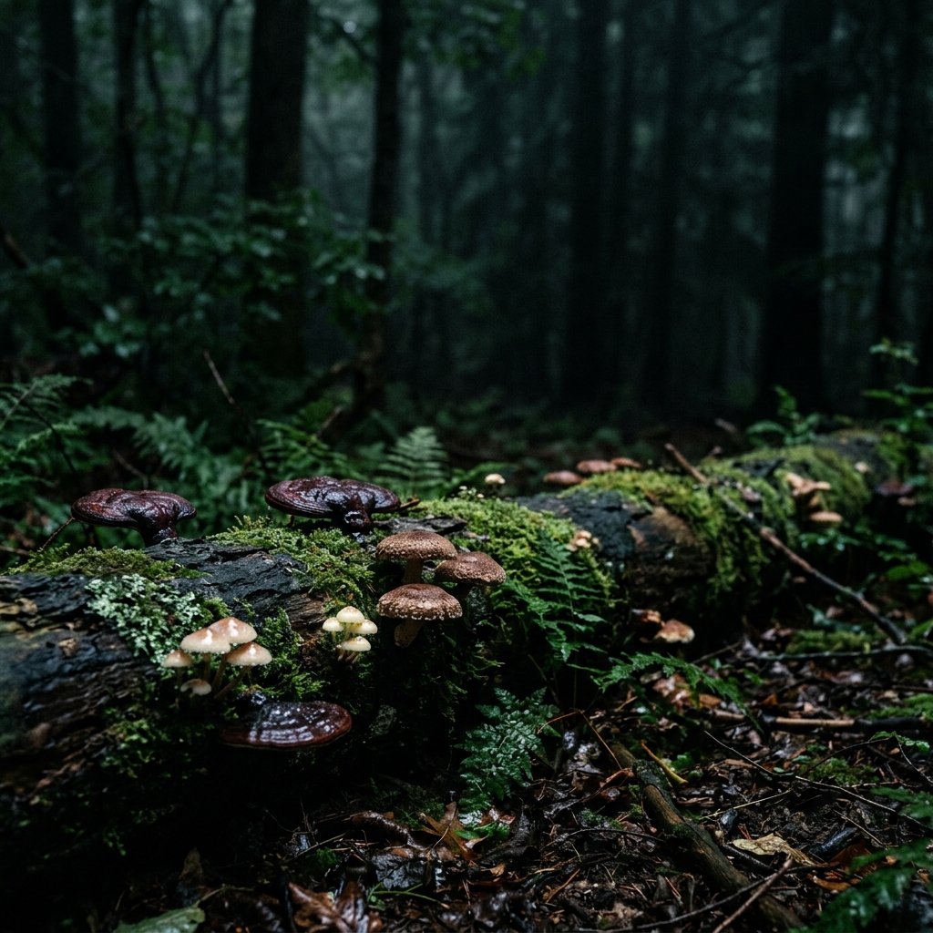 Wild functional mushrooms growing on a mossy log on a dewy forest floor.