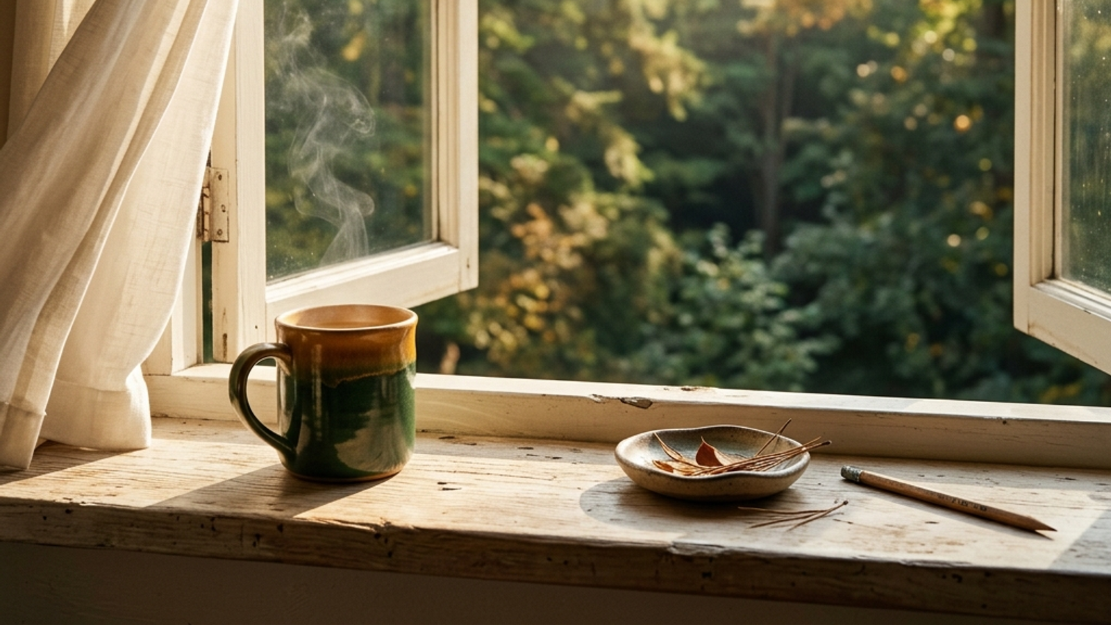 A warm mug steaming on a sunlit windowsill with soft curtains and a forest view beyond.