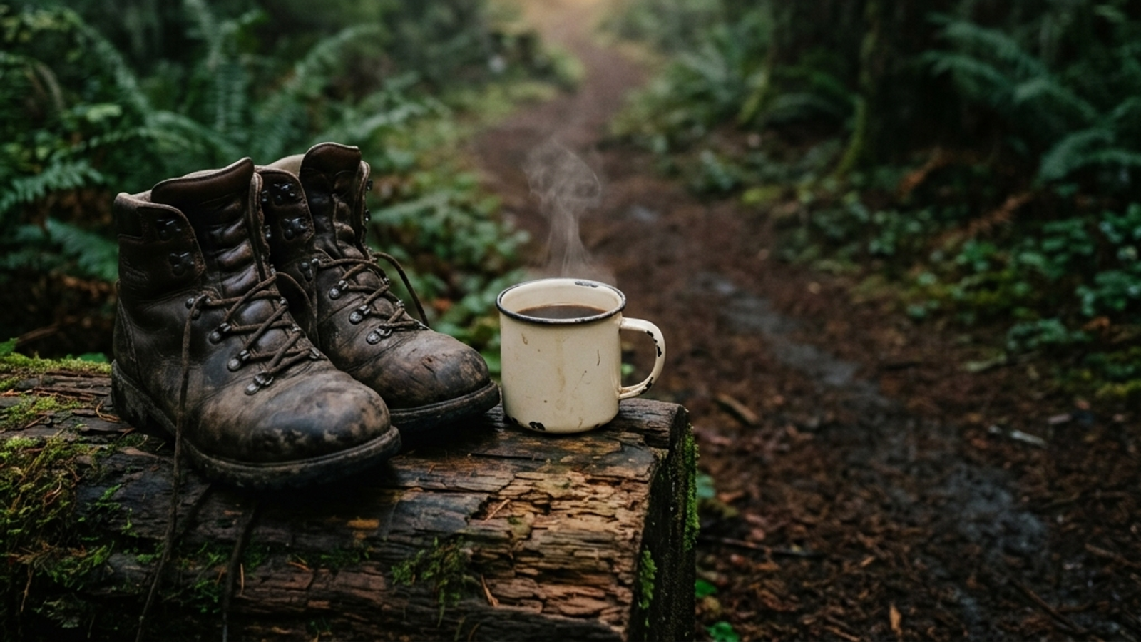 Worn hiking boots and a steaming enamel mug on a mossy log along a misty forest trail at dawn.