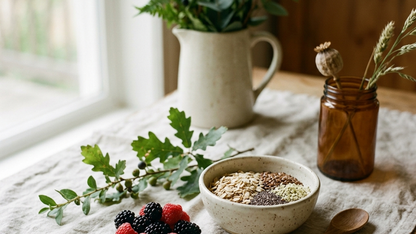 A gentle still life of fiber-rich whole foods, fresh berries, and greenery on warm linen by a window.