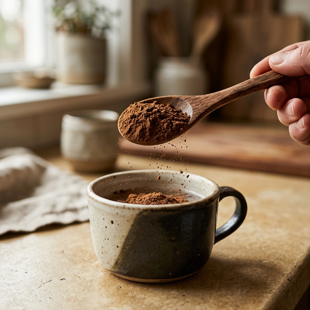 A wooden spoon of rich brown mushroom-blend powder held over a ceramic mug.