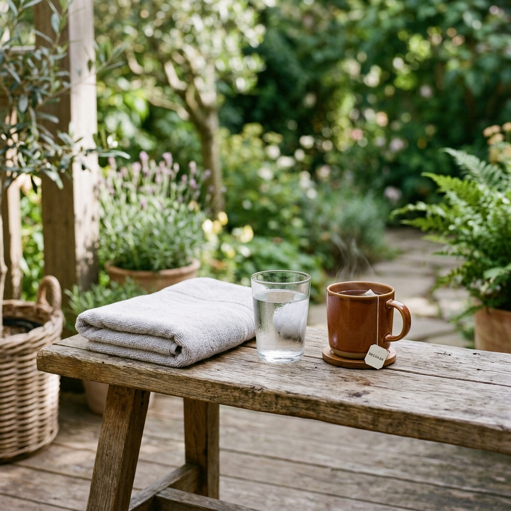 A folded towel, a glass of water, and a warm mug on a wooden bench — a calm recovery moment.