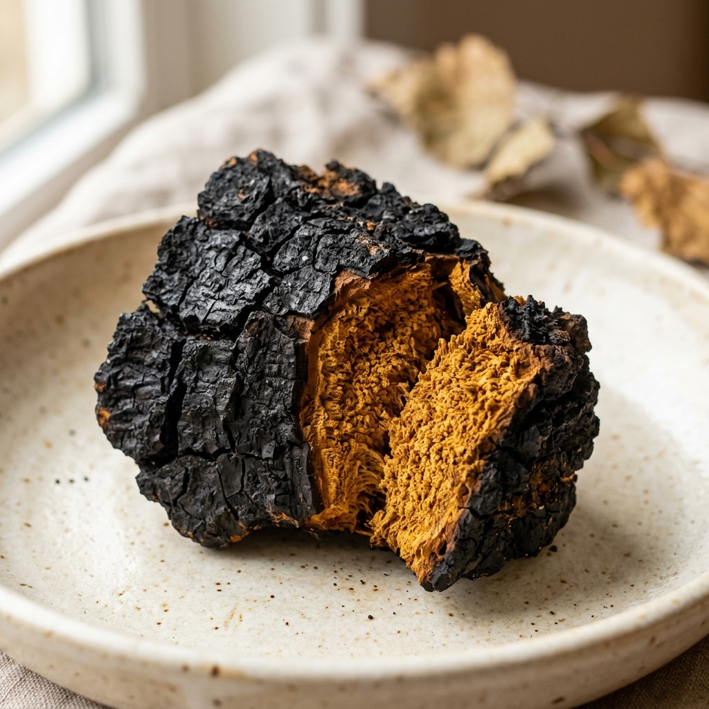 A chunk of chaga with a black cracked exterior and a golden-amber interior.
