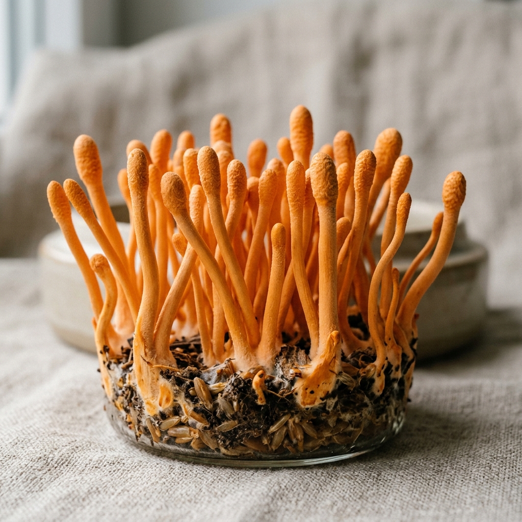 A cluster of bright orange Cordyceps militaris fruiting bodies.