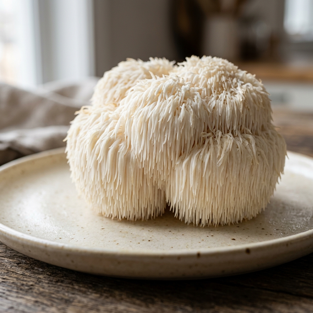 A fresh lion's mane mushroom with cascading white spines on a warm ceramic plate.