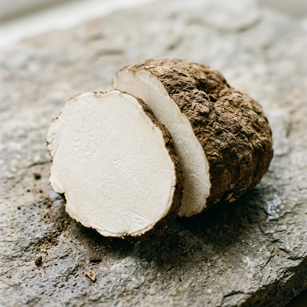 A sliced poria mushroom showing a smooth white interior beside its brown skin