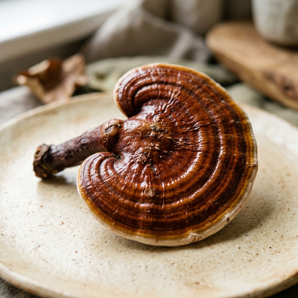 A glossy reddish-brown reishi mushroom on a ceramic plate