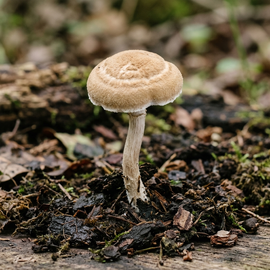 A tiger's milk mushroom with a tan cap on a slender stem on the forest floor