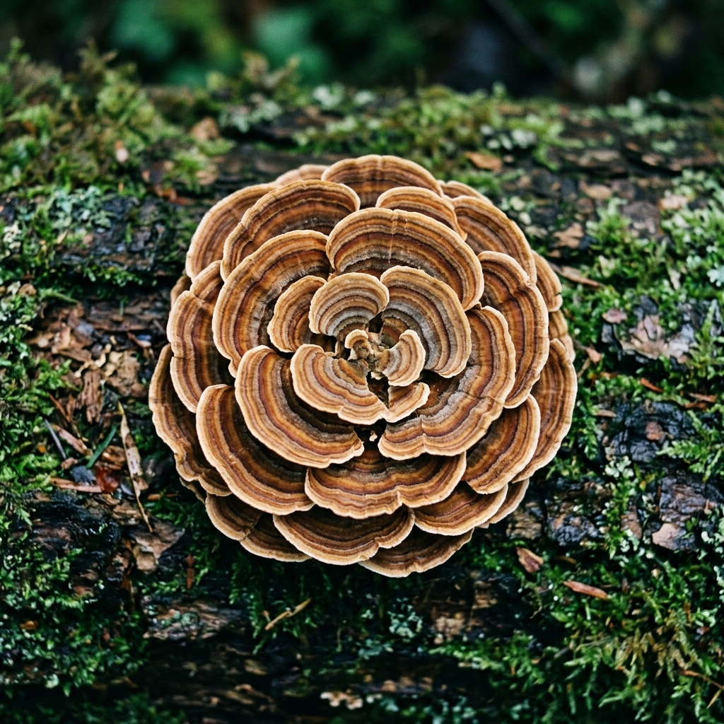 Turkey tail mushrooms with concentric brown, tan, and sage bands on weathered wood.