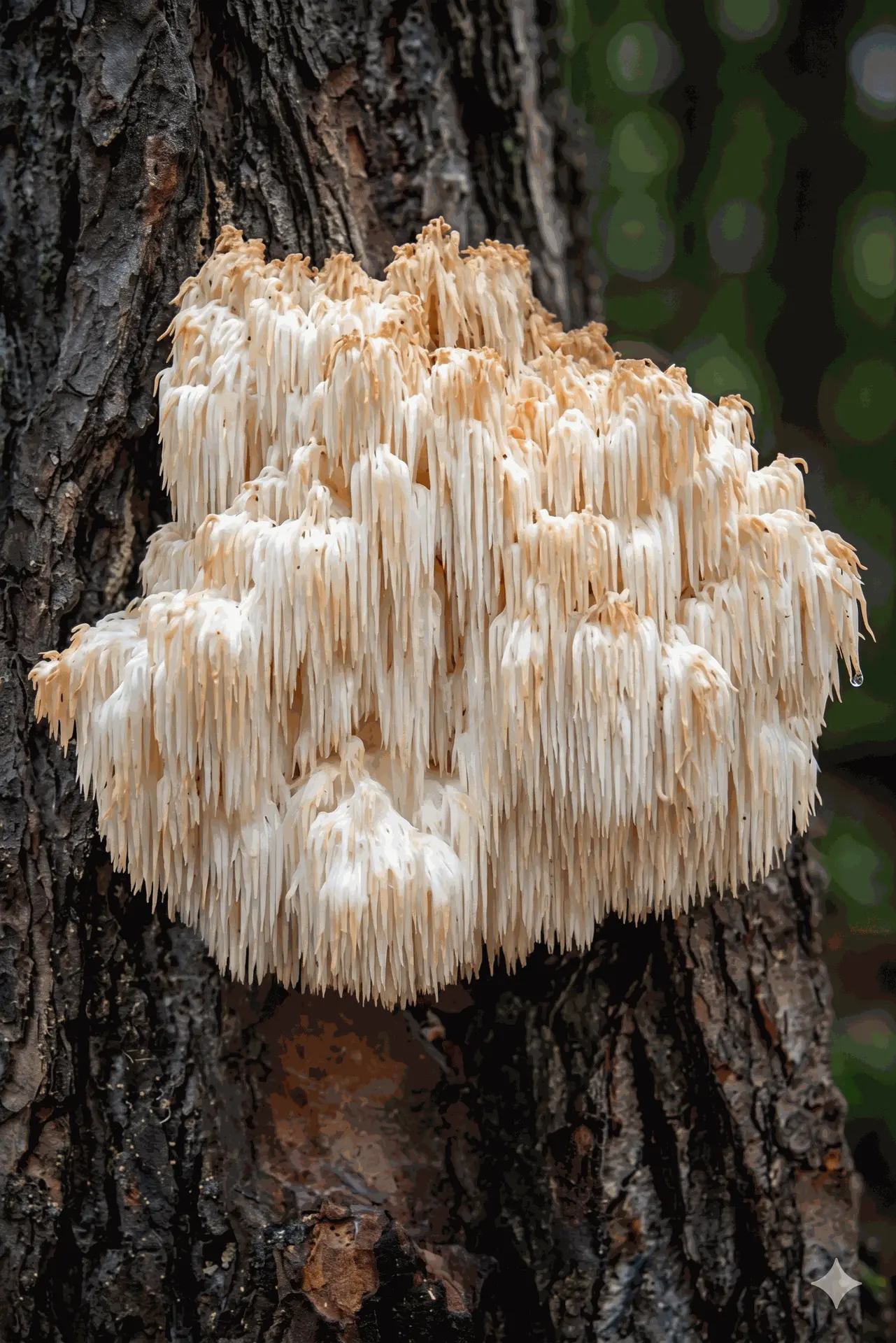 A highly detailed, close-up of a white Lion's Mane mushroom (Hericium erinaceus) growing on the side of a dark pine tree.